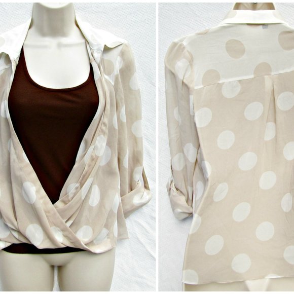 bebe Beige & Cream Sheer Polka dot Top with Button Cuffs - Size Womens Medium - Picture 3 of 6
